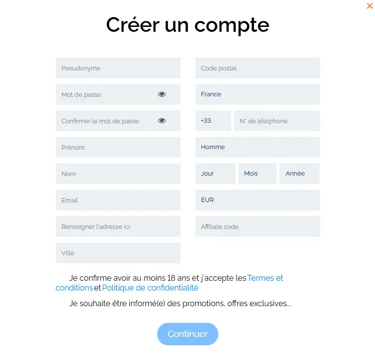 Processus d'inscription Yes O rNo Casino